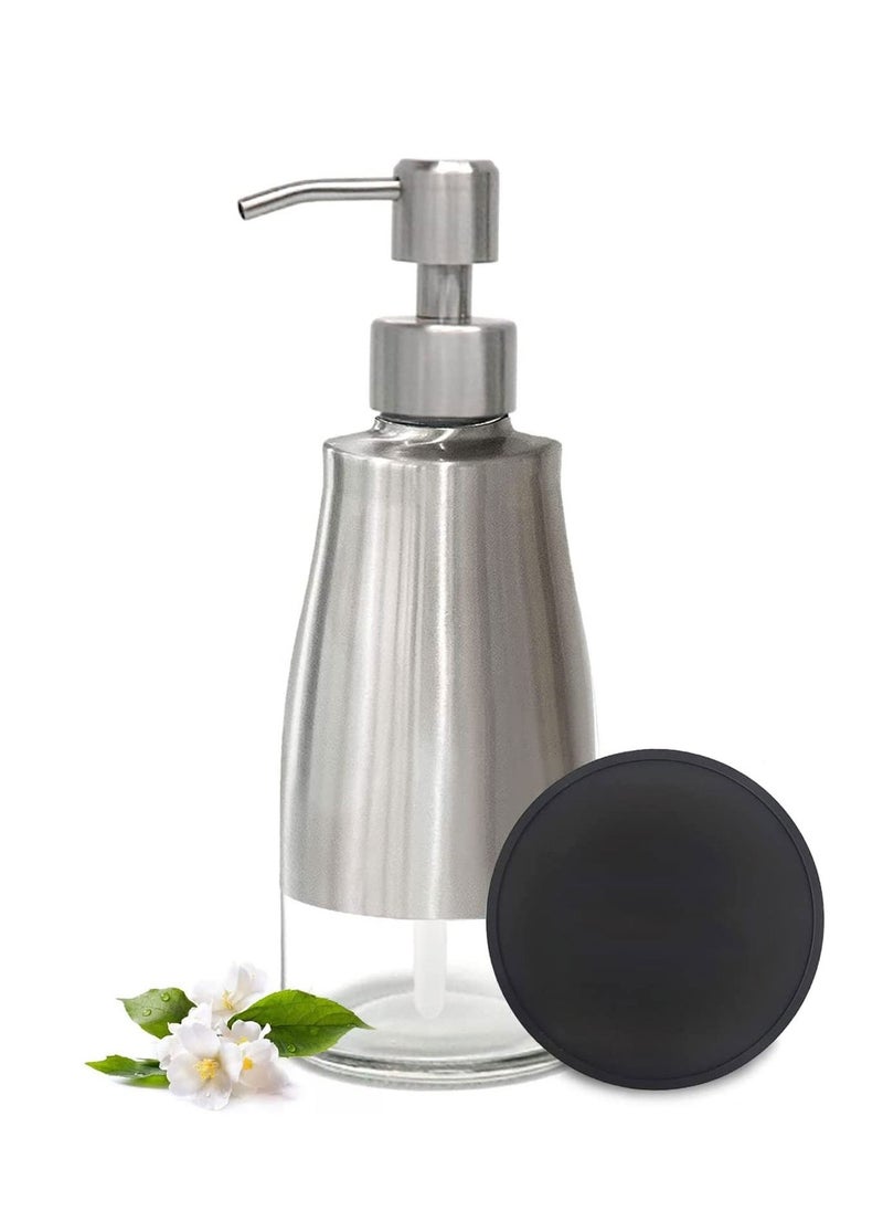 Excefore Reusable Soap Dispenser with Non-Slip Coaster Stainless Steel Case Glass Liner Hand Pump Dispenser Refillable Liquid Hand Soap Dispenser for for Bathroom Kitchen (11OZ / 320ML)  - Image 1