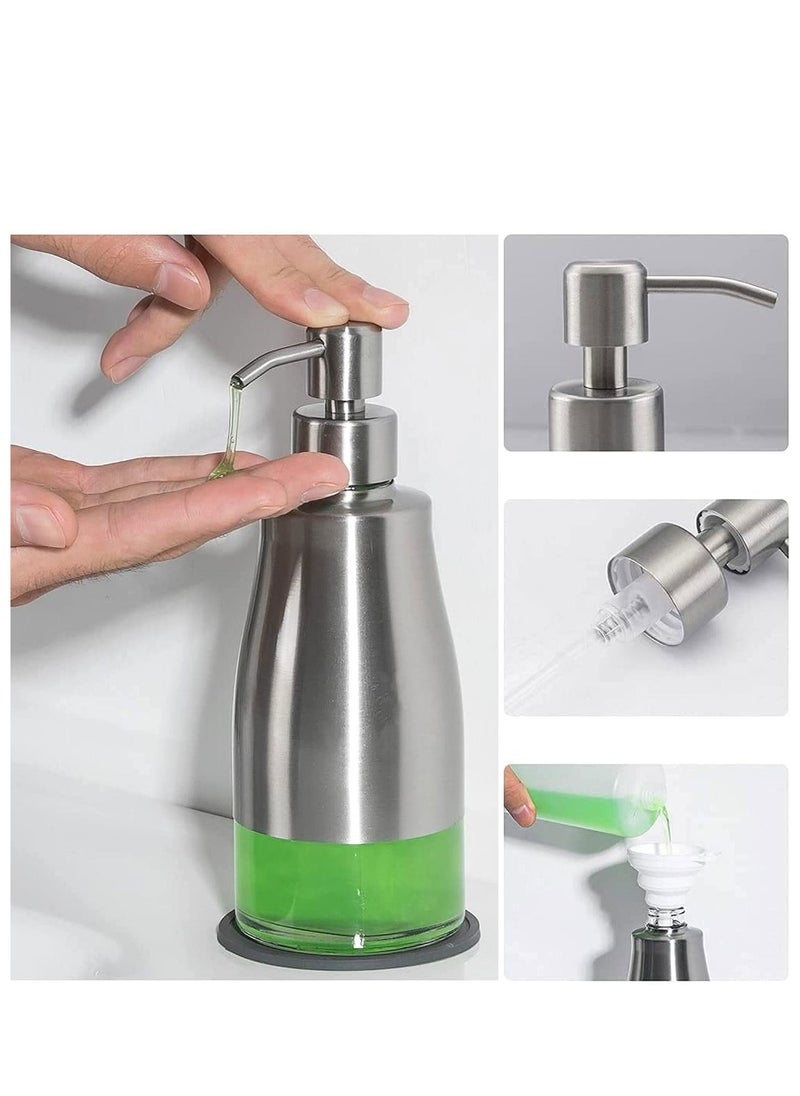 Excefore Reusable Soap Dispenser with Non-Slip Coaster Stainless Steel Case Glass Liner Hand Pump Dispenser Refillable Liquid Hand Soap Dispenser for for Bathroom Kitchen (11OZ / 320ML)  - Image 3