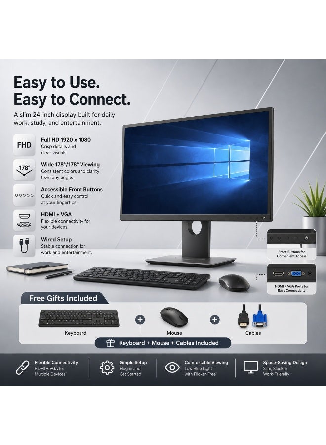 24 Inch Full HD Monitor Complete Desktop Bundle with Keyboard Mouse and Cables - Image 4