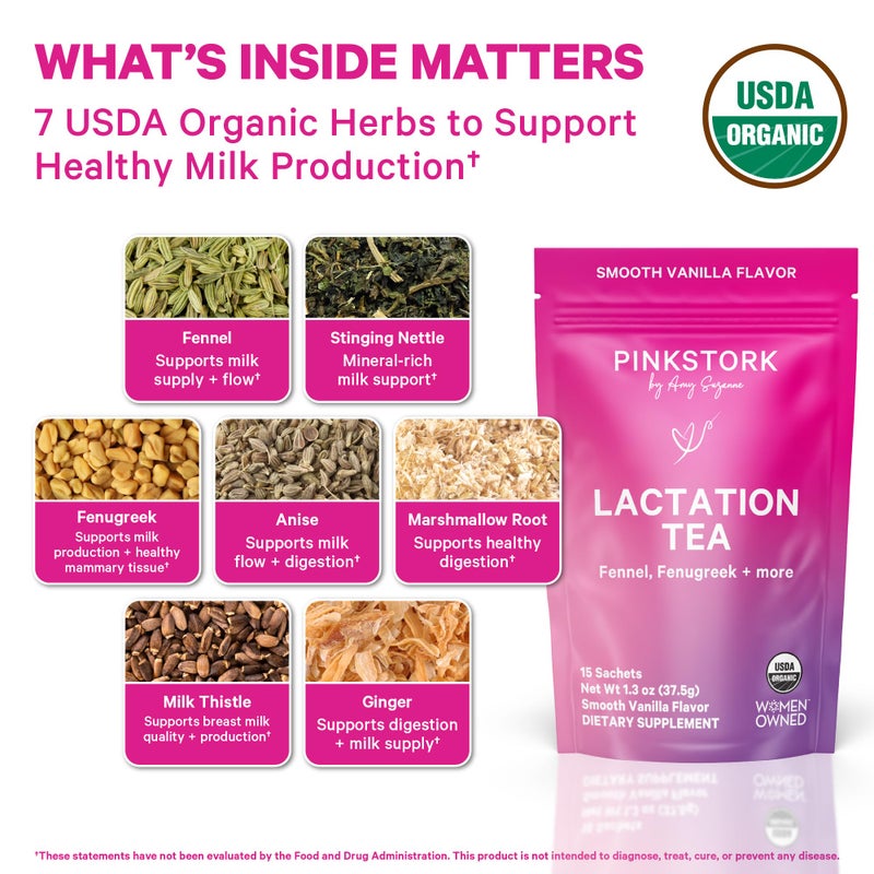 Pink Stork Organic Lactation Tea â€“ Fenugreek, Fennel, Milk Thistle + More â€“ Support for Breastfeeding, Pumping, Hydration, Milk Flow â€“ Smooth Vanilla â€“ 15 Sachets, Caffeine-Free - Image 2