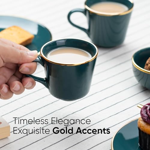 Shay Ceramic Tea Cup Set, Set of 6, Teal Green with Real Gold Line, 180ml | Cup Set of 6 for Tea | Glossy Finish | Premium Ceramic | Tea Cup Set of 6 (Tea Cups - Teal Gold Line) - Image 2