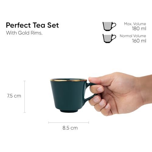 Shay Ceramic Tea Cup Set, Set of 6, Teal Green with Real Gold Line, 180ml | Cup Set of 6 for Tea | Glossy Finish | Premium Ceramic | Tea Cup Set of 6 (Tea Cups - Teal Gold Line) - Image 4