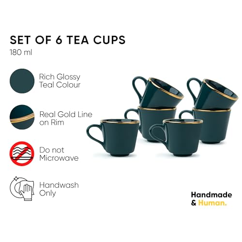 Shay Ceramic Tea Cup Set, Set of 6, Teal Green with Real Gold Line, 180ml | Cup Set of 6 for Tea | Glossy Finish | Premium Ceramic | Tea Cup Set of 6 (Tea Cups - Teal Gold Line) - Image 3