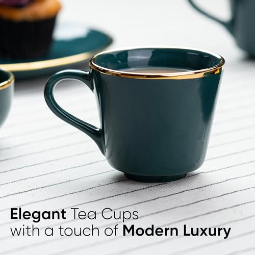 Shay Ceramic Tea Cup Set, Set of 6, Teal Green with Real Gold Line, 180ml | Cup Set of 6 for Tea | Glossy Finish | Premium Ceramic | Tea Cup Set of 6 (Tea Cups - Teal Gold Line) - Image 5