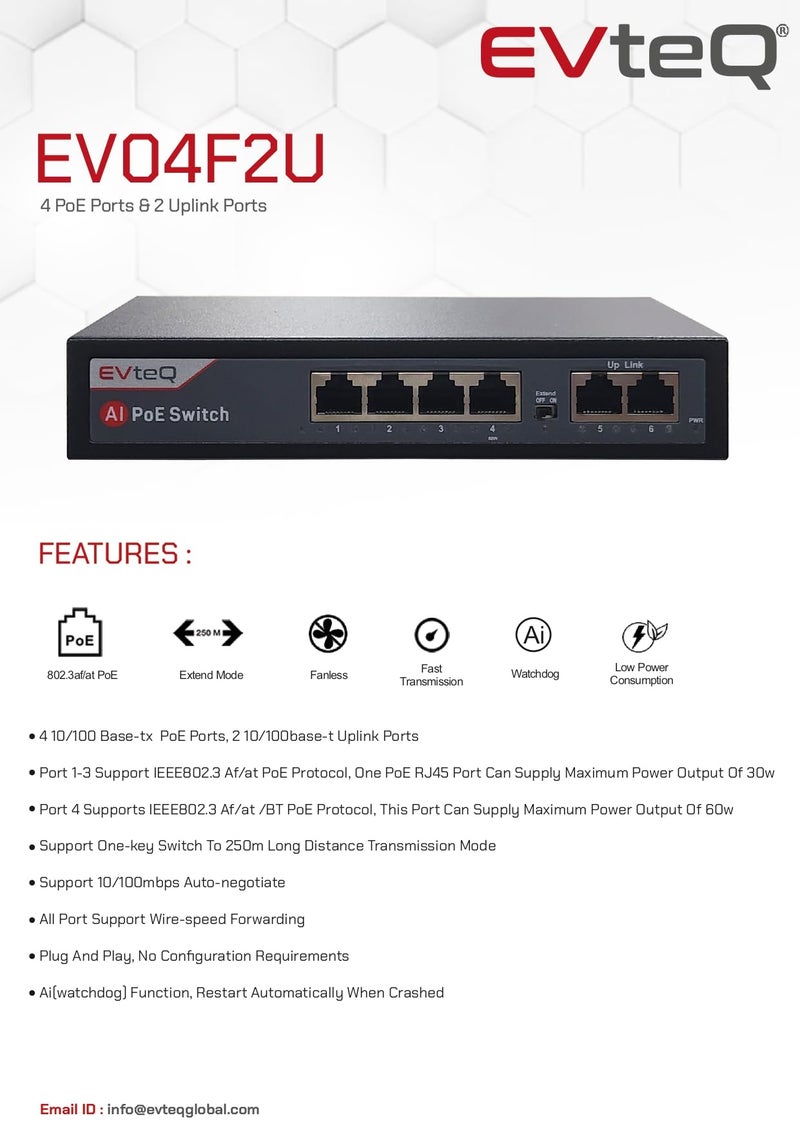 EVteQ 6 Ports Fast Ethernet with 4 PoE Ports (10/100 Mbps) & 2 Uplink Ports (10/100base) POE Switch | Max. 30W Output of Single PoE Port | LED Light Indicators | Fast Transmission | Watchdog - Image 2