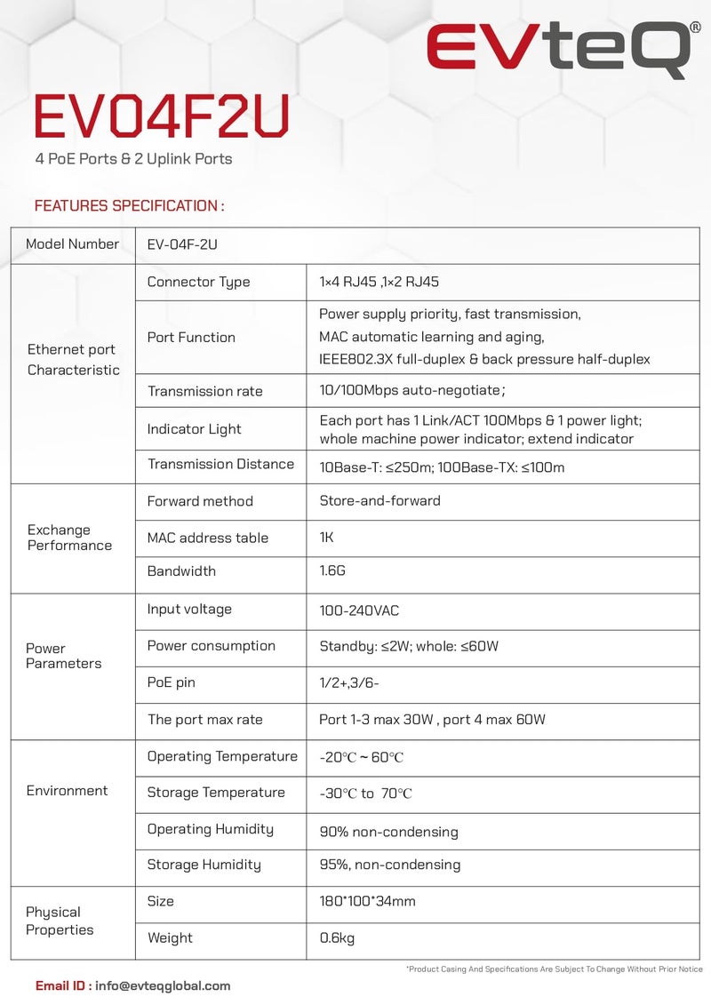 EVteQ 6 Ports Fast Ethernet with 4 PoE Ports (10/100 Mbps) & 2 Uplink Ports (10/100base) POE Switch | Max. 30W Output of Single PoE Port | LED Light Indicators | Fast Transmission | Watchdog - Image 3