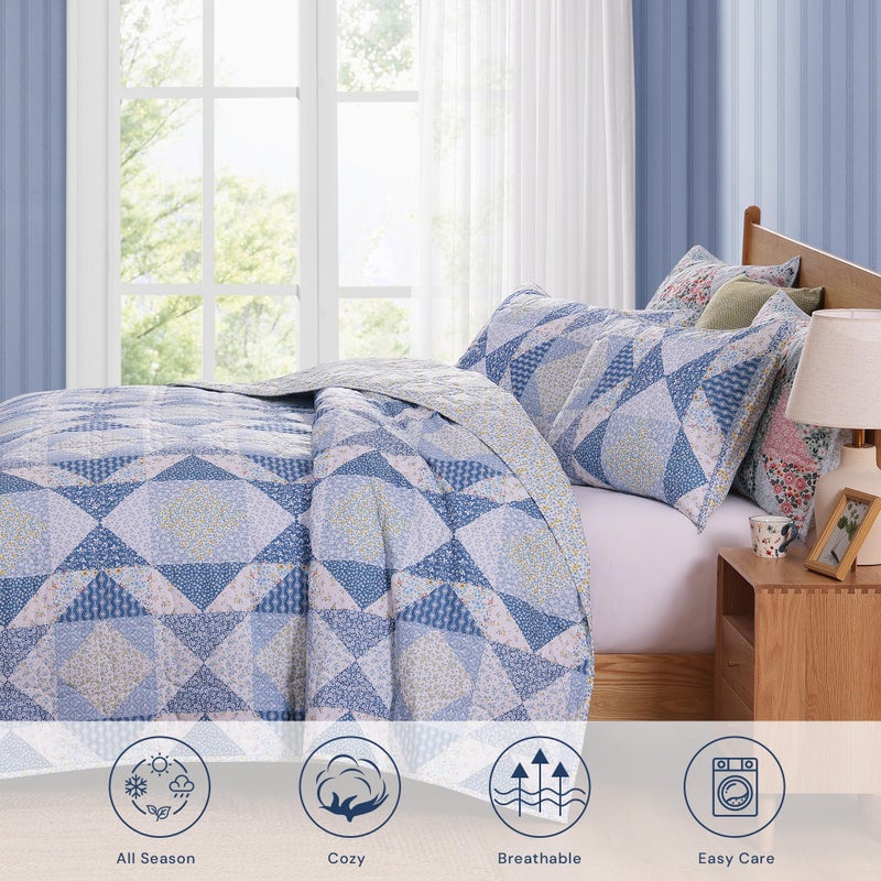 BLOOMHAVEN Quilt Set Queen Size, Patchwork Blue Marigold Floral Quilt Sets, Reversible Bedspread Lightweight and Breathable for All Seasons, Soft Quilted Bedspread with 2 Pillow Shams - Image 3