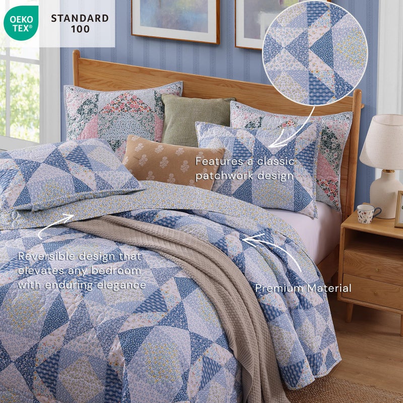 BLOOMHAVEN Quilt Set Queen Size, Patchwork Blue Marigold Floral Quilt Sets, Reversible Bedspread Lightweight and Breathable for All Seasons, Soft Quilted Bedspread with 2 Pillow Shams - Image 5