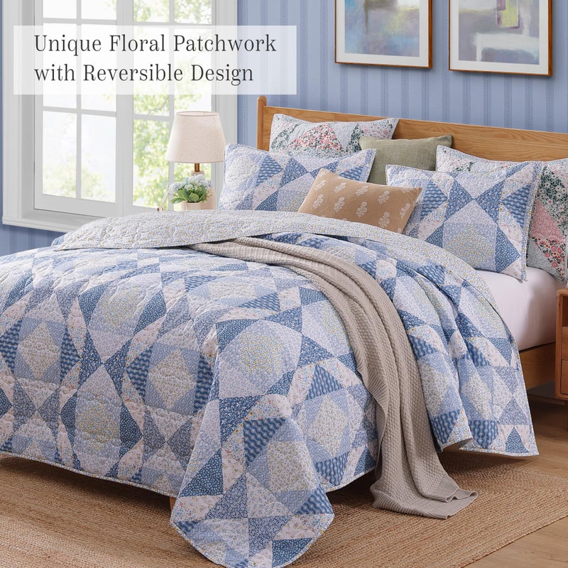 BLOOMHAVEN Quilt Set Queen Size, Patchwork Blue Marigold Floral Quilt Sets, Reversible Bedspread Lightweight and Breathable for All Seasons, Soft Quilted Bedspread with 2 Pillow Shams - Image 2