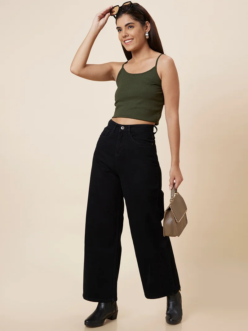 Women Olive Shoulder Straps Crop Top