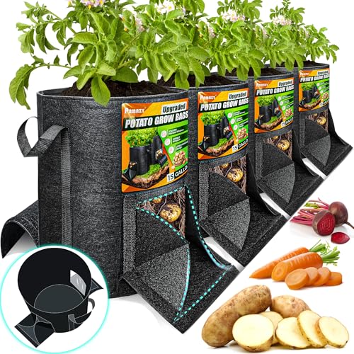 PAMAZY [Upgraded] 4Pcs 15 Gallon Potato Grow Bags with Unique Harvest Window & Visible Window, Non-Woven Planter Pot with Sturdy Handle, Potato Growing Container, Plant Garden Bags to Grow Vegetables, Tomato - Image 1