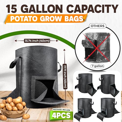 PAMAZY [Upgraded] 4Pcs 15 Gallon Potato Grow Bags with Unique Harvest Window & Visible Window, Non-Woven Planter Pot with Sturdy Handle, Potato Growing Container, Plant Garden Bags to Grow Vegetables, Tomato - Image 5