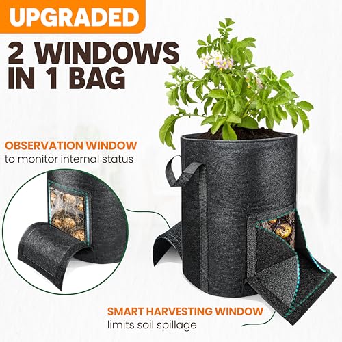 PAMAZY [Upgraded] 4Pcs 15 Gallon Potato Grow Bags with Unique Harvest Window & Visible Window, Non-Woven Planter Pot with Sturdy Handle, Potato Growing Container, Plant Garden Bags to Grow Vegetables, Tomato - Image 2