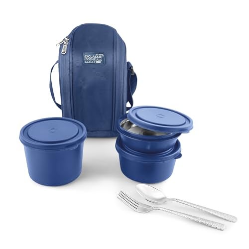 CLASSIC ESSENTIALS Supreme All in One Lunch Box with Insulated Bag | Microwave Safe Containers with Steel Inner | Leak Resistant (Without Bottle, Blue, 3 Containers) - Image 1