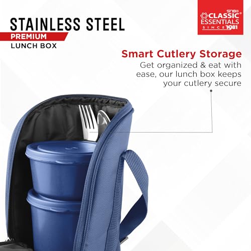 CLASSIC ESSENTIALS Supreme All in One Lunch Box with Insulated Bag | Microwave Safe Containers with Steel Inner | Leak Resistant (Without Bottle, Blue, 3 Containers) - Image 3