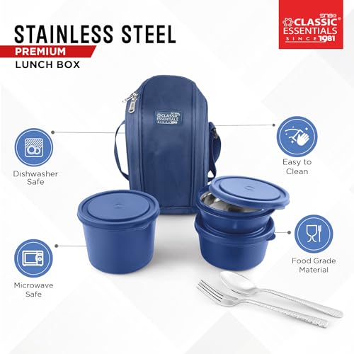 CLASSIC ESSENTIALS Supreme All in One Lunch Box with Insulated Bag | Microwave Safe Containers with Steel Inner | Leak Resistant (Without Bottle, Blue, 3 Containers) - Image 4