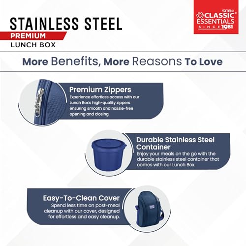 CLASSIC ESSENTIALS Supreme All in One Lunch Box with Insulated Bag | Microwave Safe Containers with Steel Inner | Leak Resistant (Without Bottle, Blue, 3 Containers) - Image 2