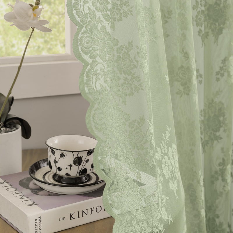Kotile Sage Green Sheer Curtains 84 Inches Long 2 Panels, Knitted Rustic Floral Pattern Lace Sheer Curtains for Bedroom Living Room, Rod Pocket Privacy Sage Curtains, 52 x 84 Inch, Sage Green - Image 4