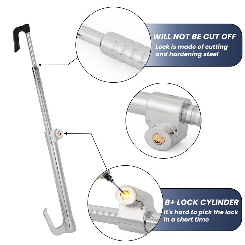DUKVI Anti-Theft Steering Wheel & Brake Pedal Lock with Retractable Double Hook, 3 Double Row Atom Keys, Car Security Lock for Truck SUV Van, Emergency Window Breaker, Max Length 33.5" - Image 3