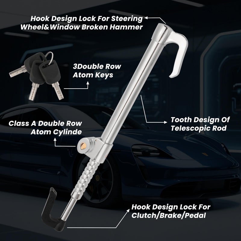 DUKVI Anti-Theft Steering Wheel & Brake Pedal Lock with Retractable Double Hook, 3 Double Row Atom Keys, Car Security Lock for Truck SUV Van, Emergency Window Breaker, Max Length 33.5" - Image 5