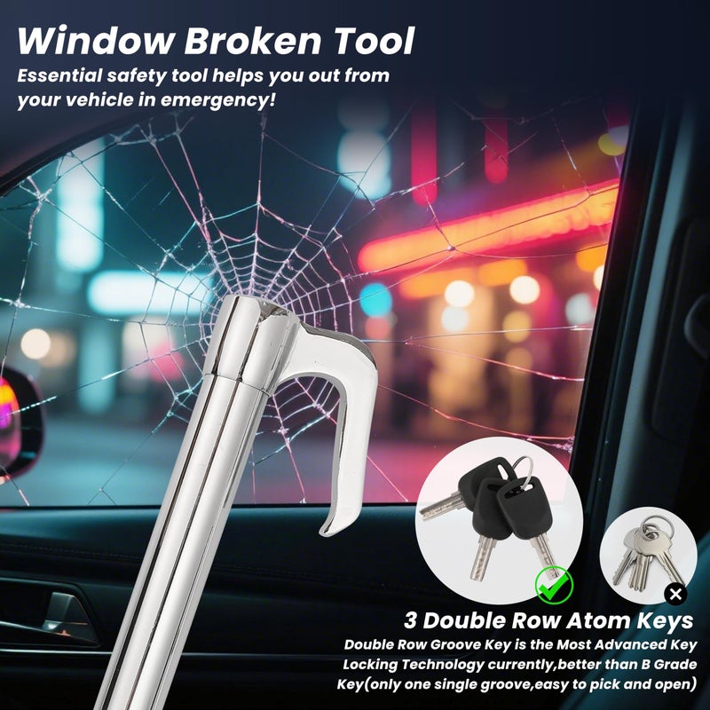 DUKVI Anti-Theft Steering Wheel & Brake Pedal Lock with Retractable Double Hook, 3 Double Row Atom Keys, Car Security Lock for Truck SUV Van, Emergency Window Breaker, Max Length 33.5" - Image 4