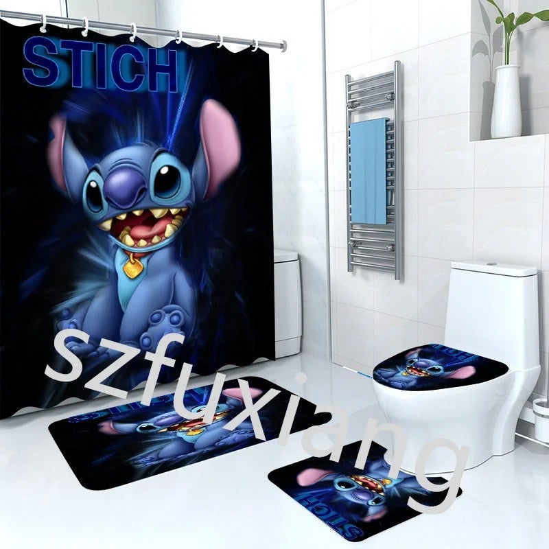 Y&D ized Cartoon Classic Animation Character Stitch 3D Bathroom Waterproof Shower Curtain 4Pcs Set With Hooks & Mat - Image 1