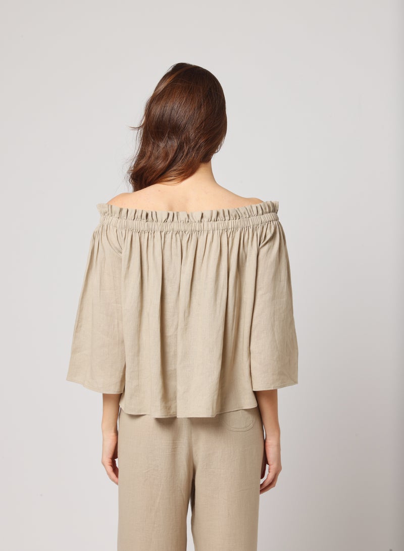 Ashita Fernandes Ashita Fernandes Urja Top for Women – Off-Shoulder Linen Blend with Smocked Neckline & 3/4 Sleeves | Relaxed Flowy Fit in Sandstone Beige | Effortless Beauty, Everyday Elegance  - Image 3