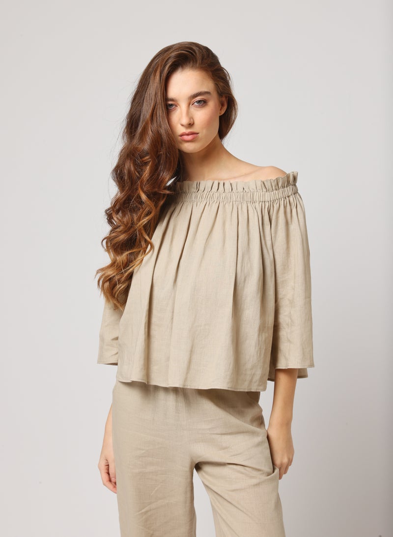 Ashita Fernandes Ashita Fernandes Urja Top for Women – Off-Shoulder Linen Blend with Smocked Neckline & 3/4 Sleeves | Relaxed Flowy Fit in Sandstone Beige | Effortless Beauty, Everyday Elegance  - Image 4