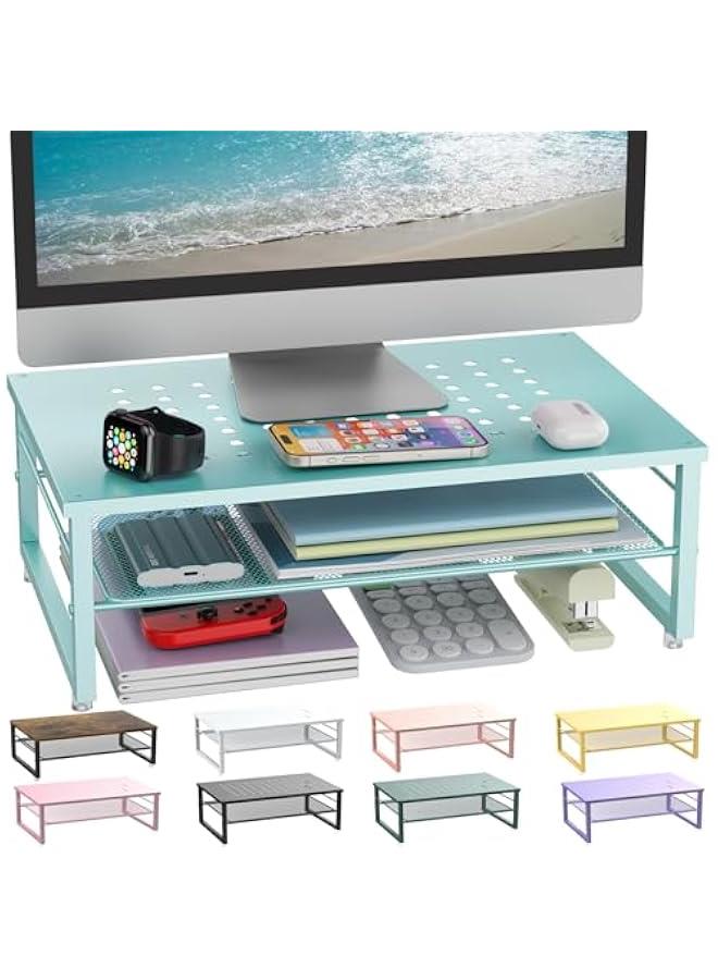 Arabest 2-Tier Metal Monitor Stand Riser, Desk Organizer for Monitor, Office Desk Storage Organizer for Office Supplies (Blue) - Image 1