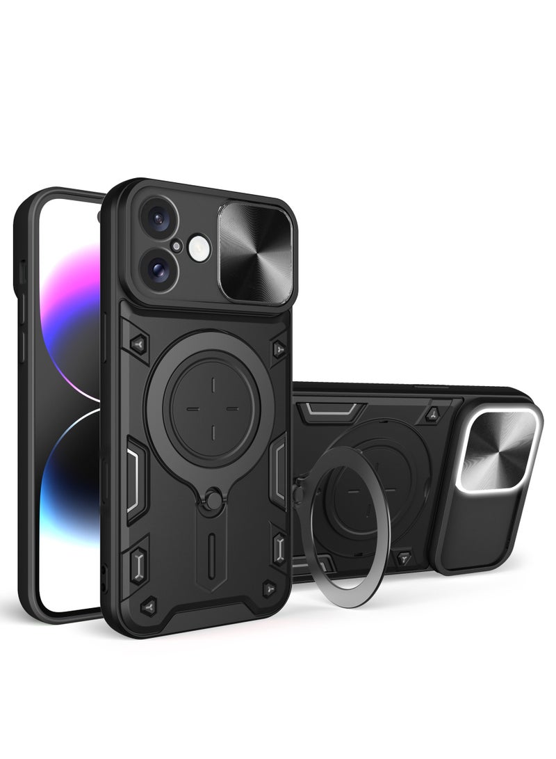 iPhone 16 5G Case Cover, Slide Camera Lens Cover, 360°Rotating Kickstand Ring, Bumper Shockproof Phone Case，Compatible with Car Magnetic Mount Mobile Phone Case for iPhone 16 5G Black 