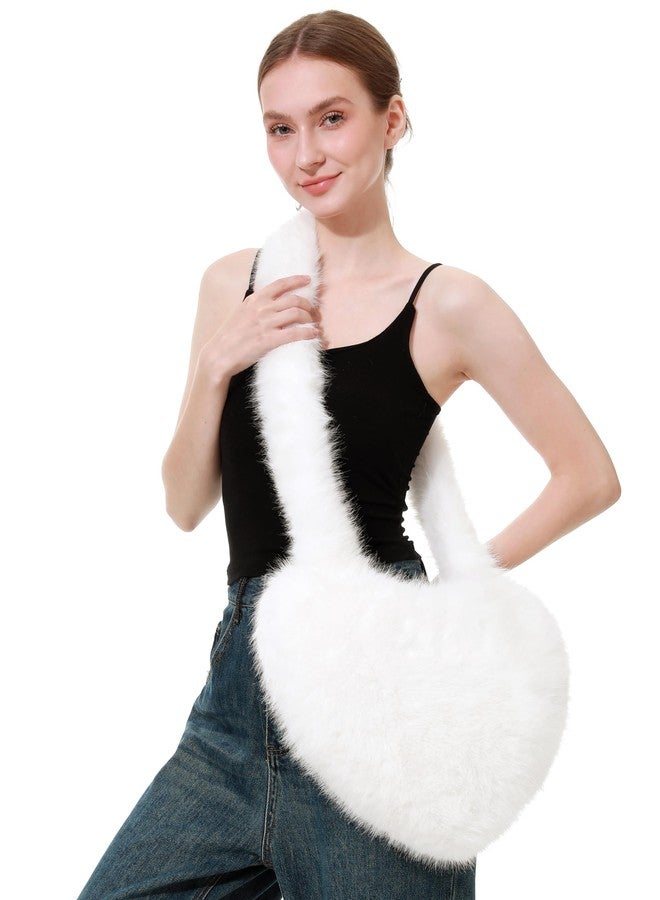 LA CARRIE Women's Faux Fur Heart Shaped Shoulder Bags Crossbody Bag Fluffy Handbags Furry Y2k Tote Purses(White) - Image 2