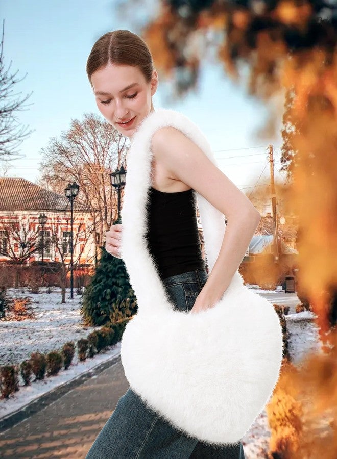 LA CARRIE Women's Faux Fur Heart Shaped Shoulder Bags Crossbody Bag Fluffy Handbags Furry Y2k Tote Purses(White) - Image 3