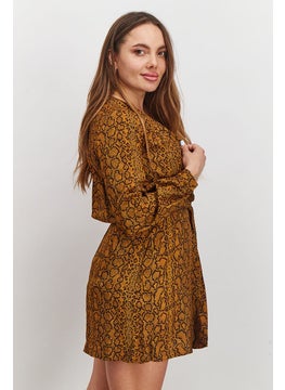 French Connection Women Animal Print Long Sleeve Mini Dress, Inca Gold  - Image 2