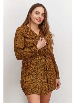 French Connection Women Animal Print Long Sleeve Mini Dress, Inca Gold  - Image 1