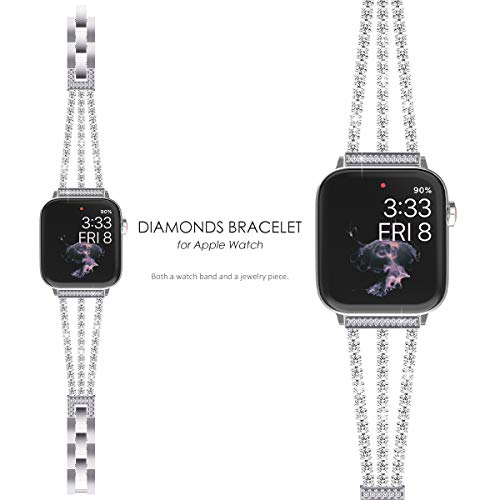 NewWays Compatible for Apple Watch Band 42mm Series 11 10 9 8 7 41mm 40mm SE Series 6 5 4 3 38mm, Sparkling Bling Shiny Diamonds Bracelet for iWatch Band Womens, Silver - Image 2