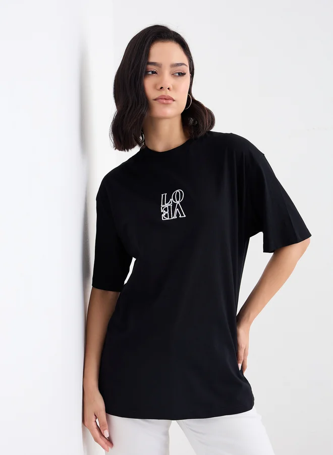 Styli Styli Embroidered Detail Round Neck Oversized T-Shirt