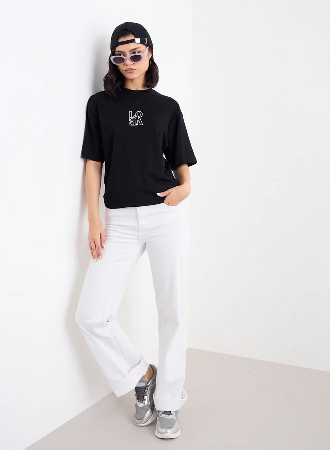 Styli Styli Embroidered Detail Round Neck Oversized T-Shirt