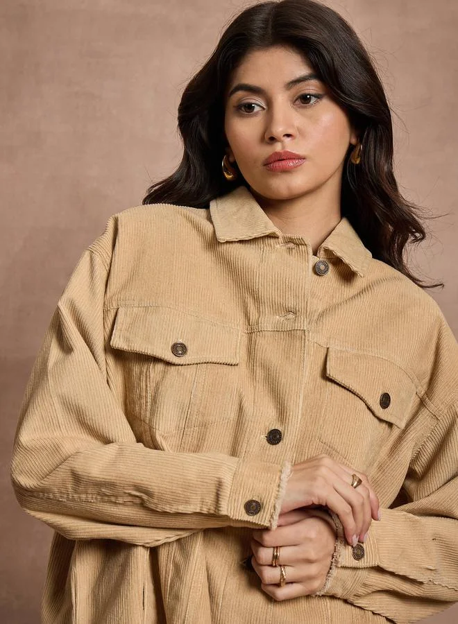 SASSAFRAS Textured Corduroy Oversized Shacket with Pockets by Styli