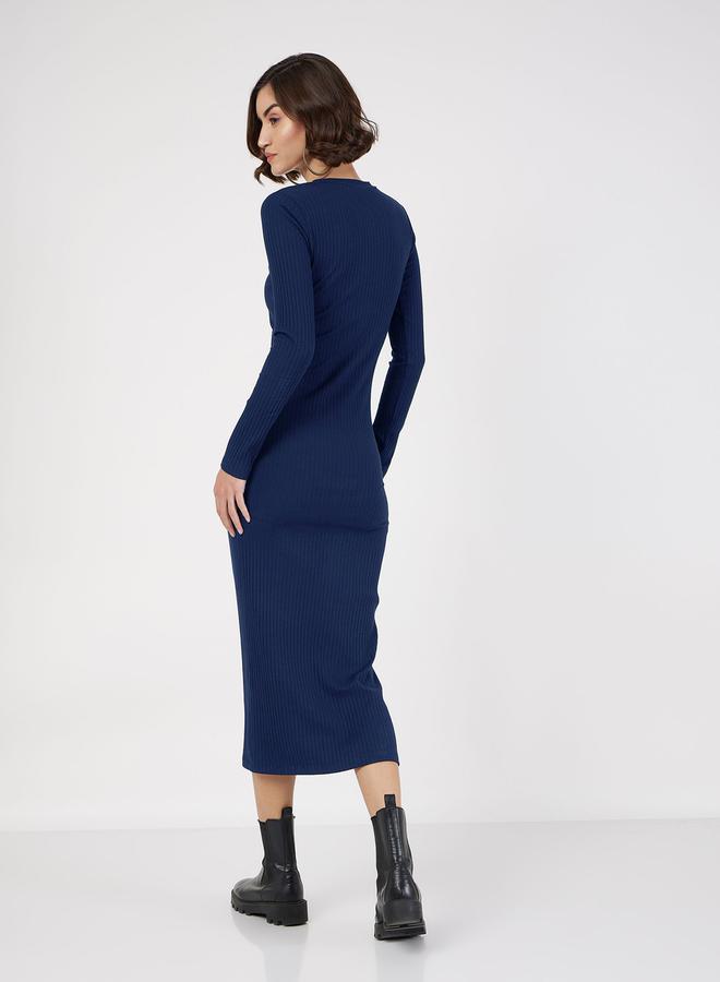SASSAFRAS Rib Knit Bodycon Round Neck Midi Dress - Image 4
