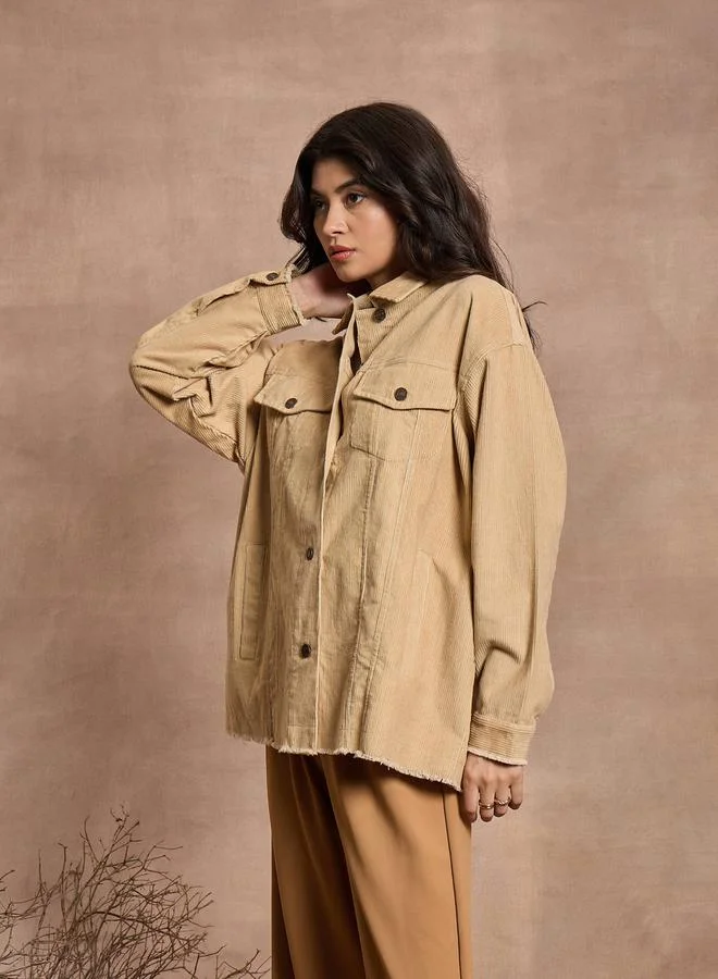 SASSAFRAS Textured Corduroy Oversized Shacket with Pockets by Styli