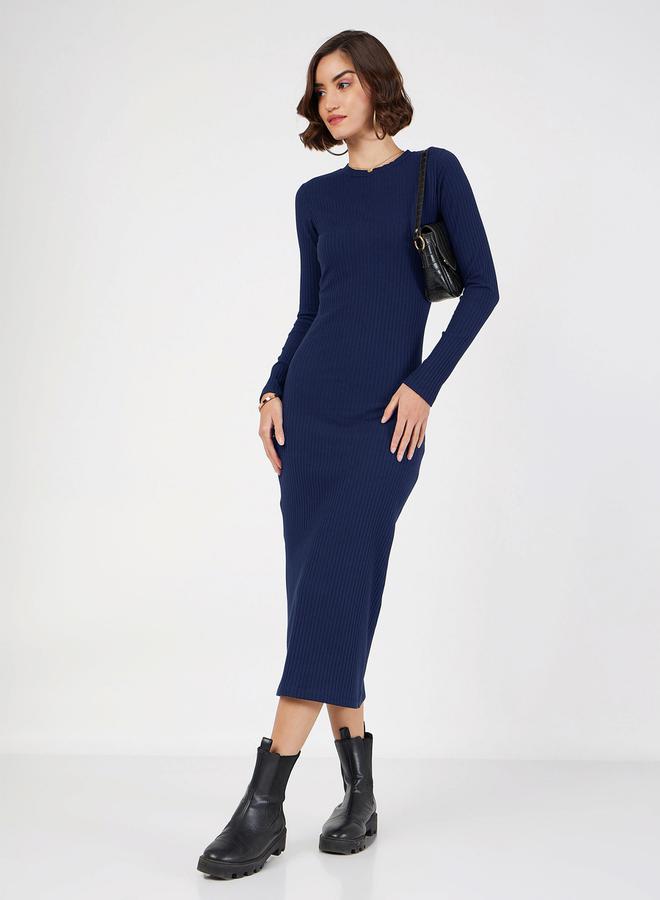 SASSAFRAS Rib Knit Bodycon Round Neck Midi Dress - Image 1