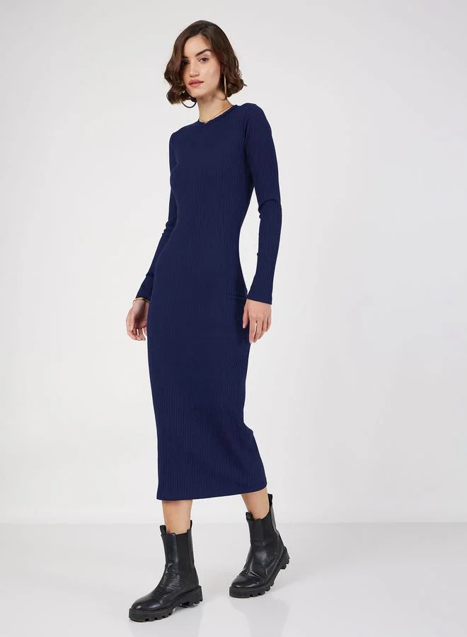 SASSAFRAS SASSAFRAS Rib Knit Bodycon Round Neck Midi Dress