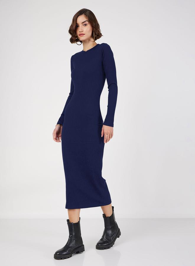 SASSAFRAS Rib Knit Bodycon Round Neck Midi Dress - Image 3