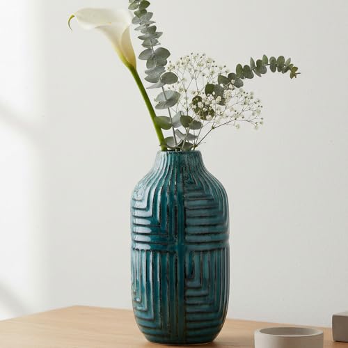 hjn Teal HandGlazed Ceramic Vase 106 H Modern Decorative Centerpiece Vase for FreshDried Flowers Home Decor for Living Room Bookshelf Mantel Wedding Housewarming Gift