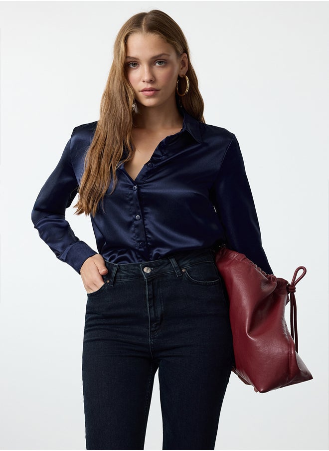 trendyol - Navy Blue Satin Fabric Regular Regular Pattern Woven Shirt TWOAW25GO00100 - Image 1