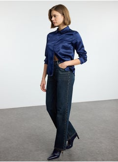 Navy Blue Satin Fabric Regular Regular Pattern Woven Shirt TWOAW25GO00100