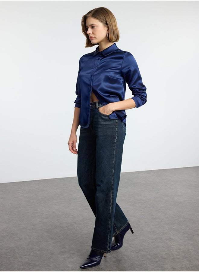 trendyol - Navy Blue Satin Fabric Regular Regular Pattern Woven Shirt TWOAW25GO00100 - Image 1