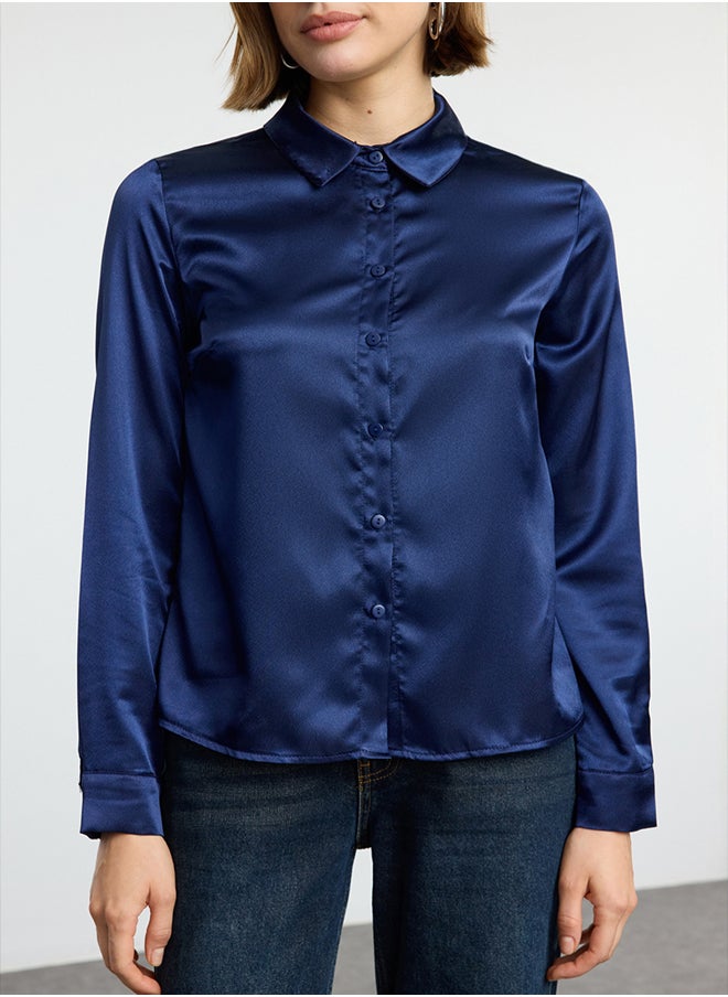 trendyol - Navy Blue Satin Fabric Regular Regular Pattern Woven Shirt TWOAW25GO00100 - Image 1
