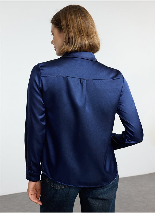 trendyol - Navy Blue Satin Fabric Regular Regular Pattern Woven Shirt TWOAW25GO00100 - Image 1