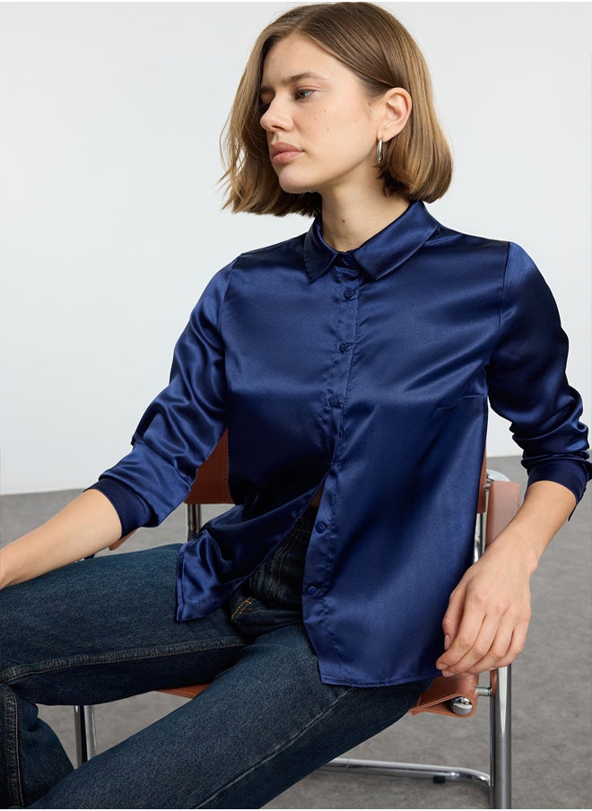 trendyol - Navy Blue Satin Fabric Regular Regular Pattern Woven Shirt TWOAW25GO00100 - Image 1